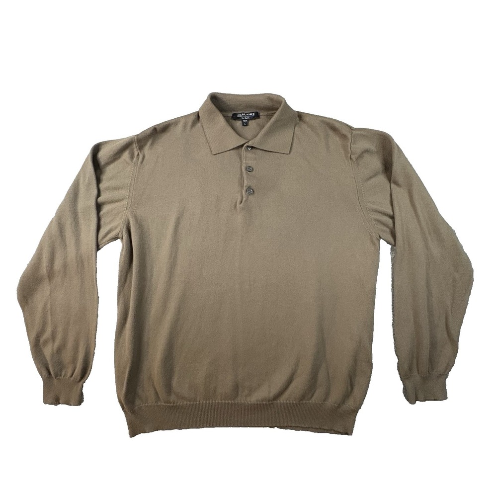 Murano by Raffi Men's L Brown LS Knit Polo Shirt Made in Italy Cotton Modal